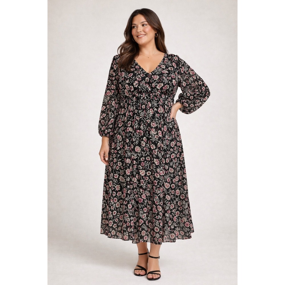 New Lane Bryant Fit & Flare Dress Women's 20 V-Neck Balloon Sleeve Dark Floral